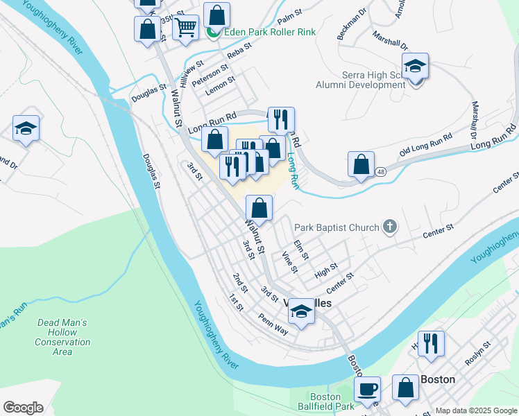 map of restaurants, bars, coffee shops, grocery stores, and more near 3 Olympia Park in McKeesport