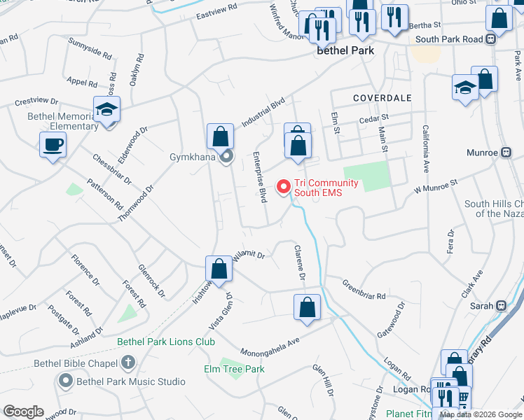 map of restaurants, bars, coffee shops, grocery stores, and more near 5510 Progress Boulevard in Bethel Park
