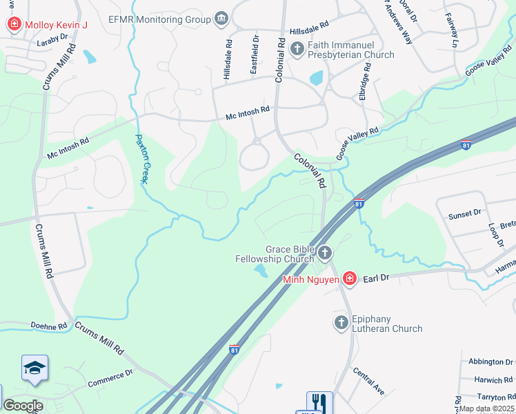 map of restaurants, bars, coffee shops, grocery stores, and more near 1429 Quail Hollow Road in Harrisburg