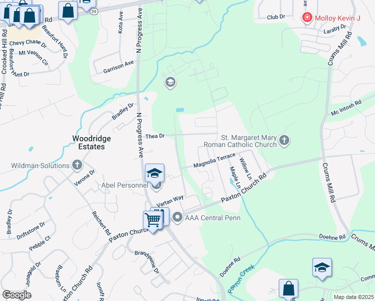 map of restaurants, bars, coffee shops, grocery stores, and more near 3655 Vartan Way in Harrisburg