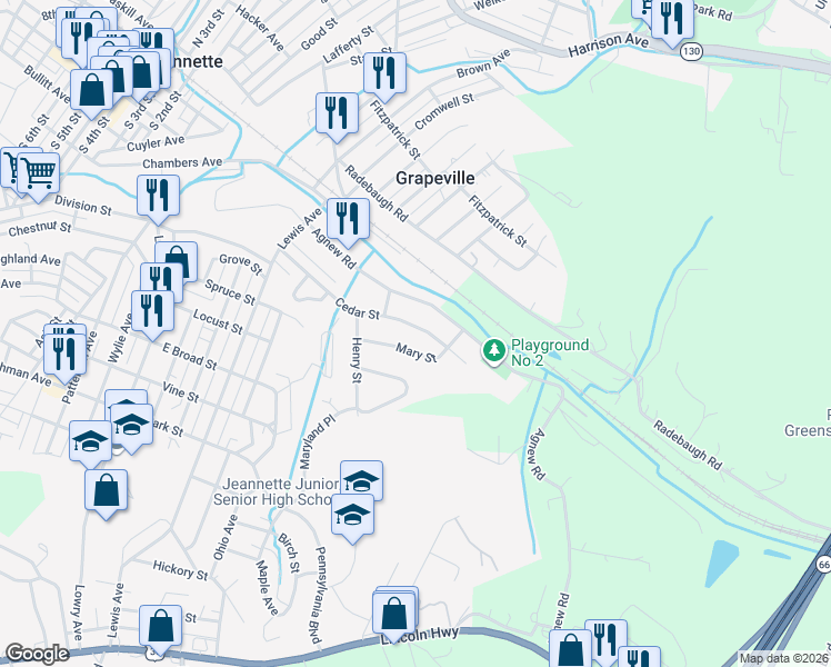 map of restaurants, bars, coffee shops, grocery stores, and more near 429 Cedar Street in Jeannette