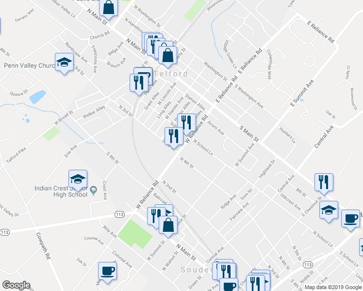 map of restaurants, bars, coffee shops, grocery stores, and more near 225 West Reliance Road in Telford