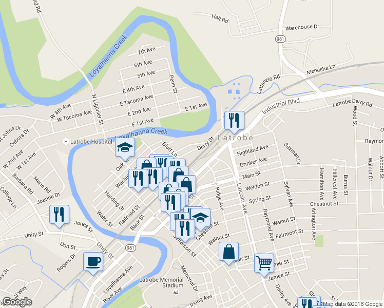 map of restaurants, bars, coffee shops, grocery stores, and more near 442 Baker Hill St in Latrobe