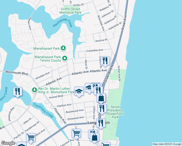 map of restaurants, bars, coffee shops, grocery stores, and more near 82 Atlantic Avenue in Long Branch