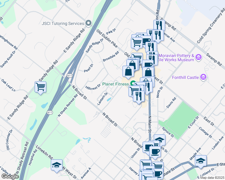 map of restaurants, bars, coffee shops, grocery stores, and more near 71 Woodbridge Drive in Doylestown