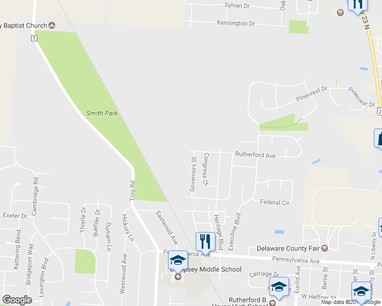 map of restaurants, bars, coffee shops, grocery stores, and more near 573 Rutherford Avenue in Delaware