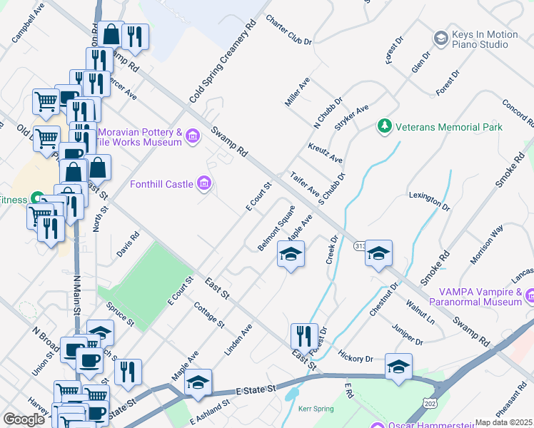 map of restaurants, bars, coffee shops, grocery stores, and more near 22 Belmont Square in Doylestown