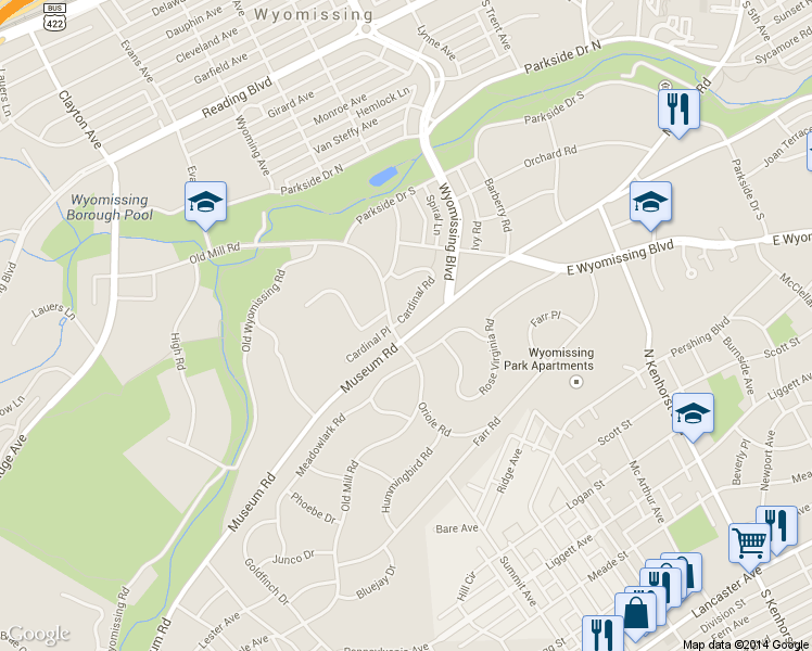 map of restaurants, bars, coffee shops, grocery stores, and more near 91 Cardinal Rd in Wyomissing