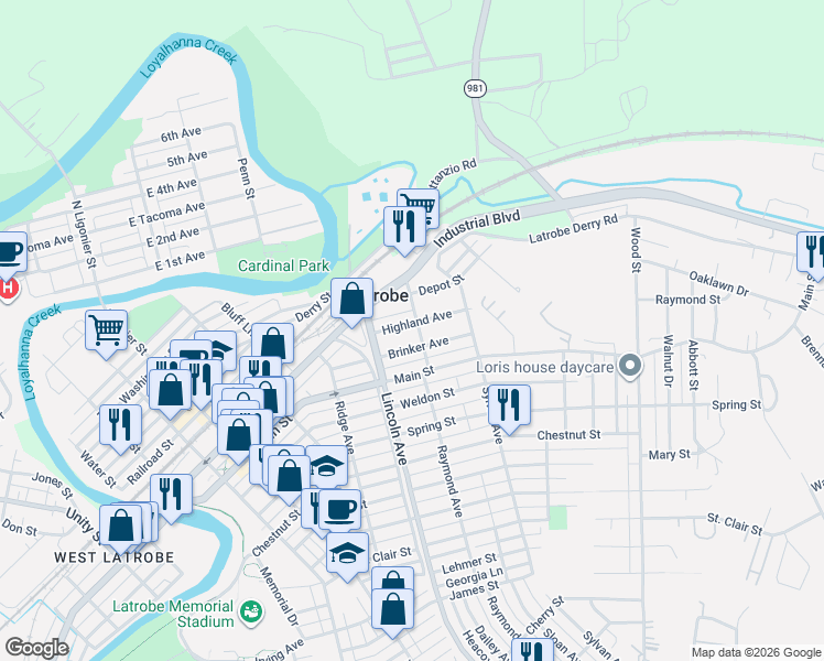 map of restaurants, bars, coffee shops, grocery stores, and more near 619 Highland Avenue in Latrobe