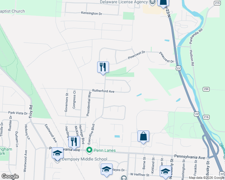 map of restaurants, bars, coffee shops, grocery stores, and more near 344 Rutherford Avenue in Delaware