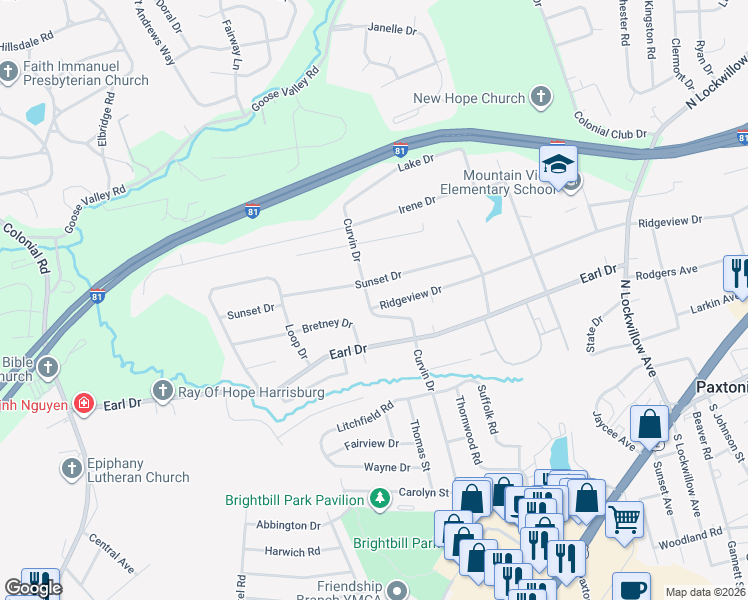map of restaurants, bars, coffee shops, grocery stores, and more near 5105 Ridgeview Drive in Harrisburg