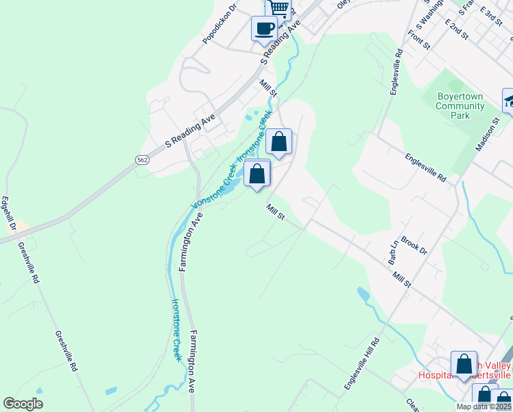 map of restaurants, bars, coffee shops, grocery stores, and more near 234 Mill Street in Boyertown