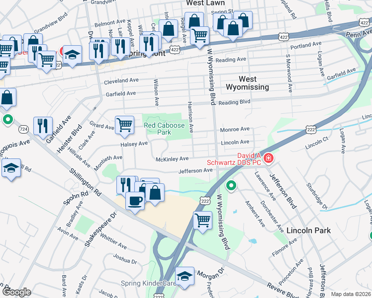 map of restaurants, bars, coffee shops, grocery stores, and more near 2408 Lincoln Avenue in West Lawn