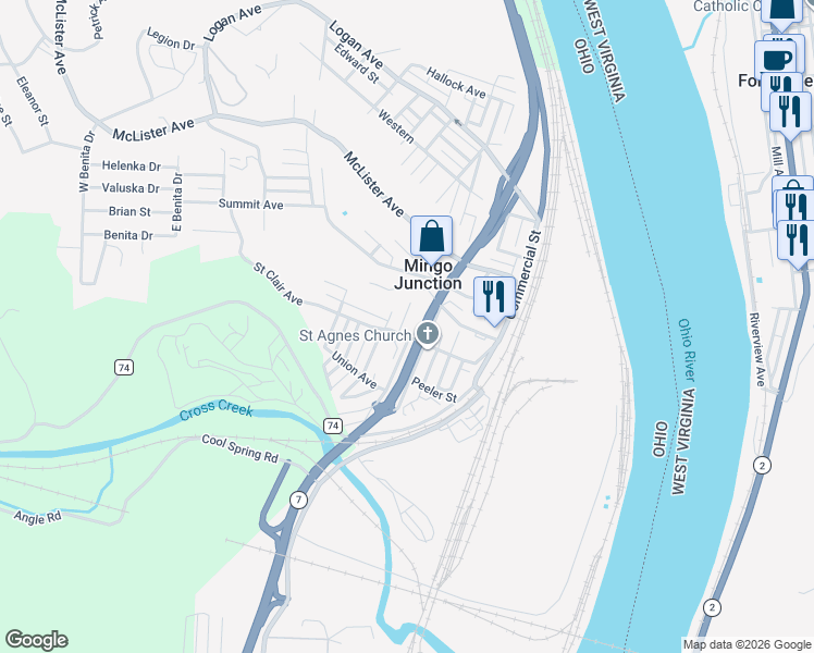 map of restaurants, bars, coffee shops, grocery stores, and more near 120 Murdock Street in Mingo Junction
