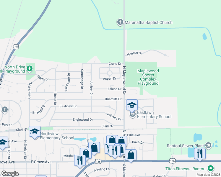 map of restaurants, bars, coffee shops, grocery stores, and more near 909 North Maplewood Drive in Rantoul