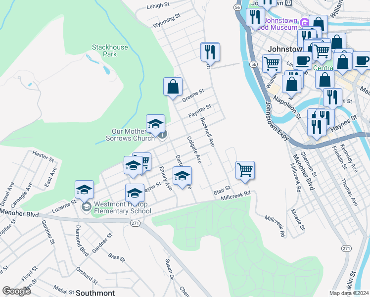 map of restaurants, bars, coffee shops, grocery stores, and more near 320 Luzerne Street in Johnstown