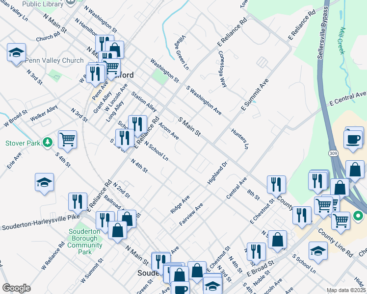 map of restaurants, bars, coffee shops, grocery stores, and more near 408 Acorn Avenue in Telford