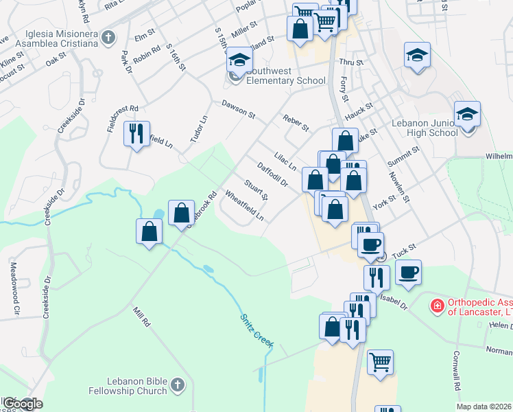 map of restaurants, bars, coffee shops, grocery stores, and more near 1533 Wheatfield Lane in Lebanon