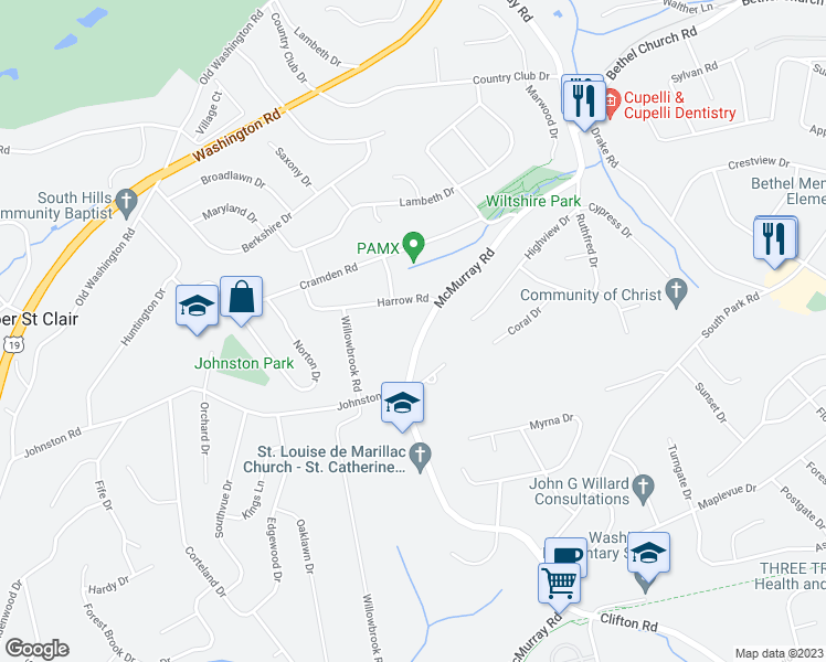 map of restaurants, bars, coffee shops, grocery stores, and more near 290 McMurray Road in Pittsburgh