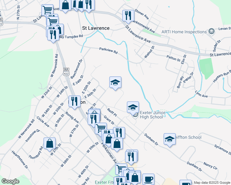 map of restaurants, bars, coffee shops, grocery stores, and more near 201 East 37th Street in Reading