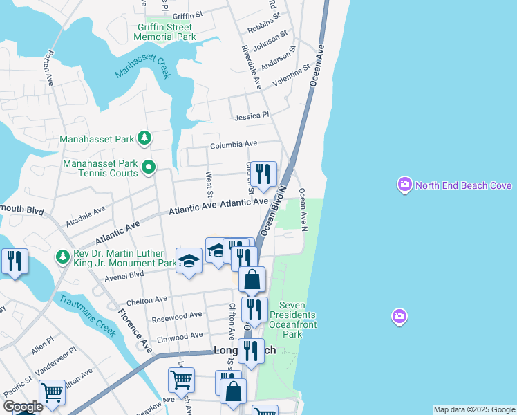 map of restaurants, bars, coffee shops, grocery stores, and more near 64 Atlantic Avenue in Long Branch