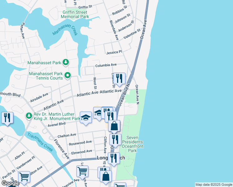 map of restaurants, bars, coffee shops, grocery stores, and more near 64 Atlantic Avenue in Long Branch