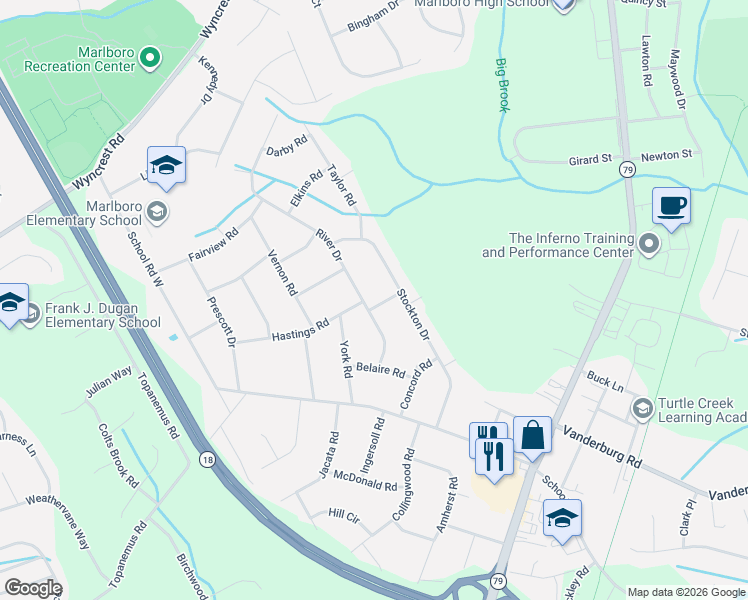 map of restaurants, bars, coffee shops, grocery stores, and more near 1 Talbot Road in Marlboro