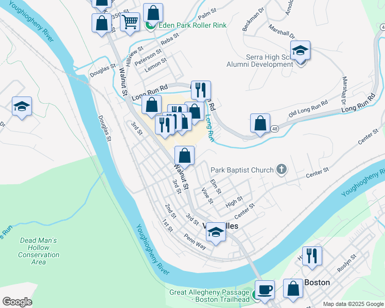 map of restaurants, bars, coffee shops, grocery stores, and more near 505 Olympia Park Plaza in McKeesport