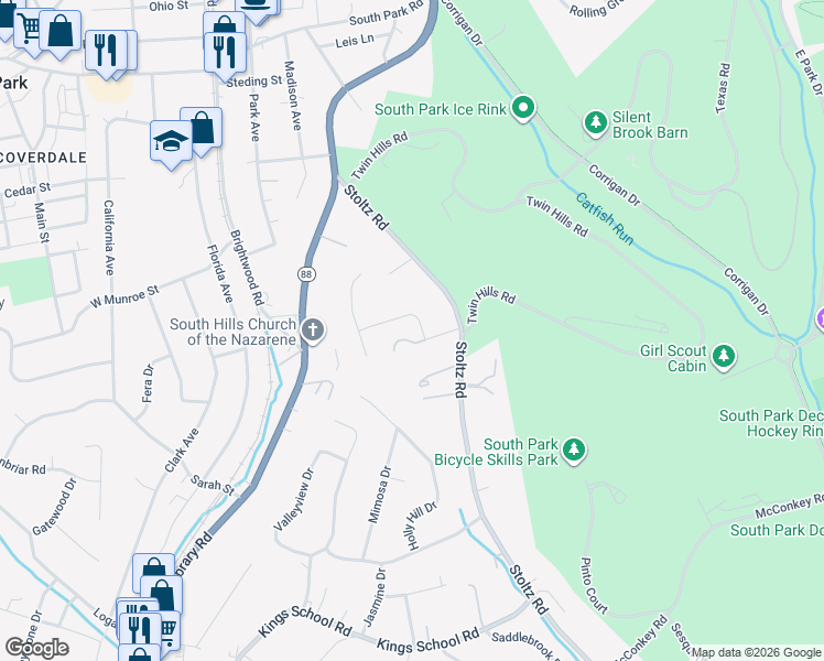 map of restaurants, bars, coffee shops, grocery stores, and more near 5560 Claytonia Drive in Bethel Park