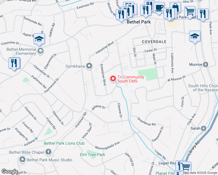 map of restaurants, bars, coffee shops, grocery stores, and more near 5510 Progress Boulevard in Bethel Park