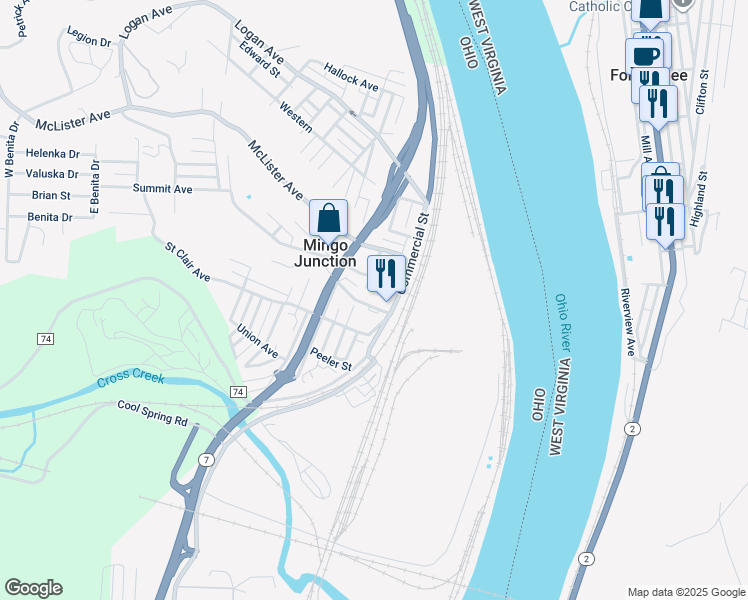 map of restaurants, bars, coffee shops, grocery stores, and more near 679 Commercial Street in Mingo Junction