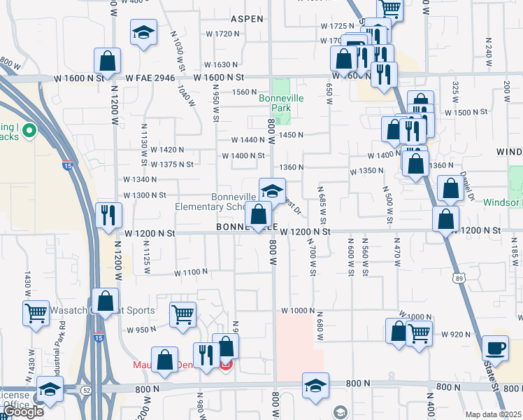 map of restaurants, bars, coffee shops, grocery stores, and more near 1245 North 800 West in Orem