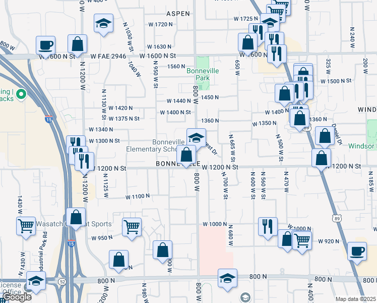 map of restaurants, bars, coffee shops, grocery stores, and more near 1245 North 800 West in Orem
