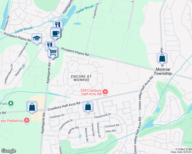 map of restaurants, bars, coffee shops, grocery stores, and more near 530 Meryl Court in Monroe Township
