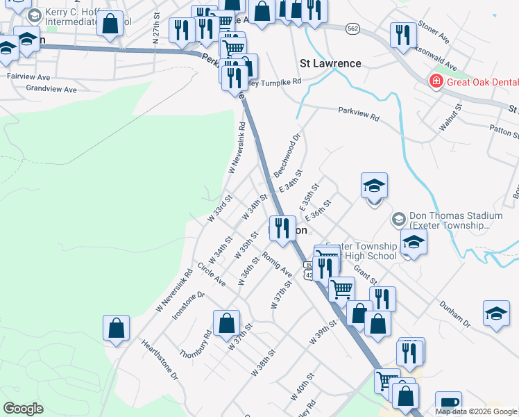 map of restaurants, bars, coffee shops, grocery stores, and more near 201 East 37th Street in Reading