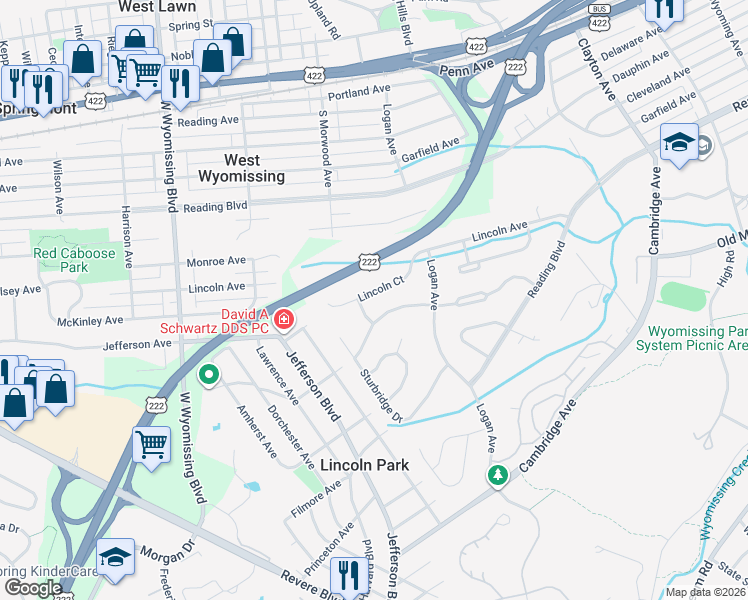 map of restaurants, bars, coffee shops, grocery stores, and more near 113 Durham Street in Wyomissing