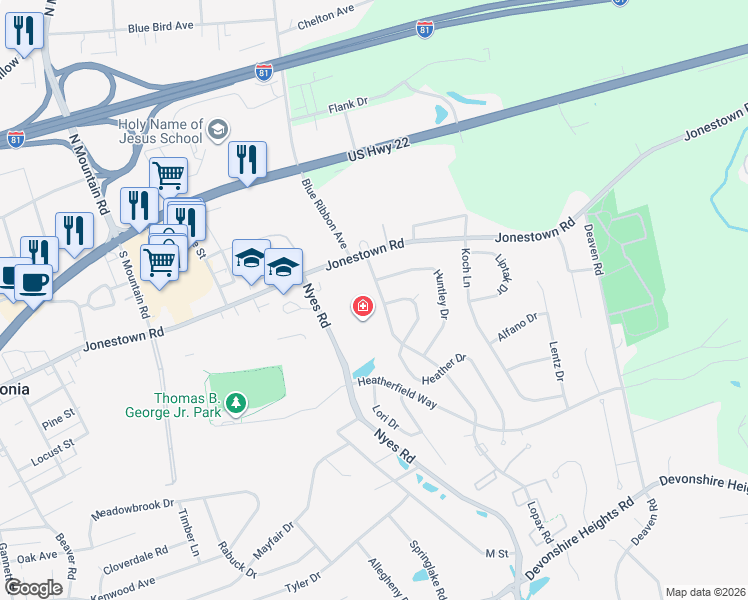 map of restaurants, bars, coffee shops, grocery stores, and more near 6201 Jonestown Road in Harrisburg