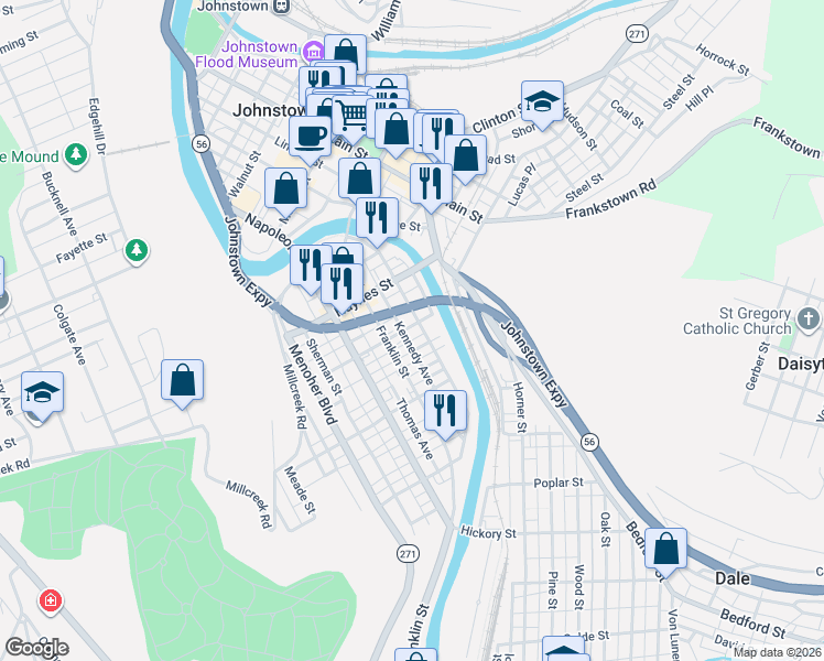 map of restaurants, bars, coffee shops, grocery stores, and more near 607 Kennedy Avenue in Johnstown