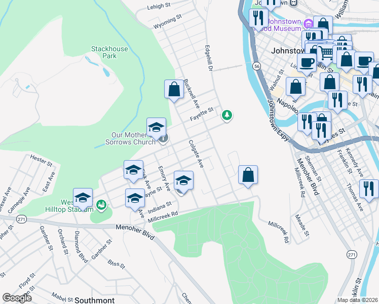 map of restaurants, bars, coffee shops, grocery stores, and more near 303 Luzerne Street in Johnstown