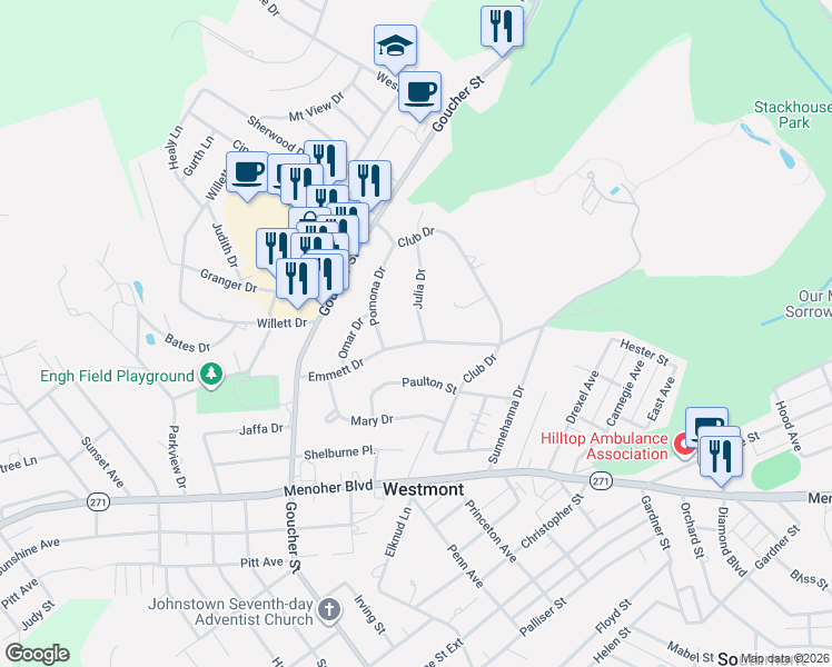 map of restaurants, bars, coffee shops, grocery stores, and more near 1501-1543 Emmett Dr in Johnstown