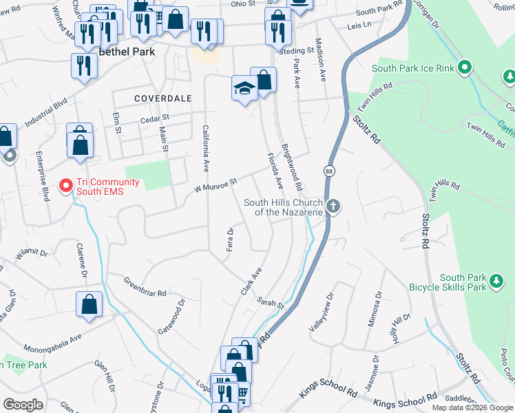 map of restaurants, bars, coffee shops, grocery stores, and more near 5536 Clark Avenue in Bethel Park
