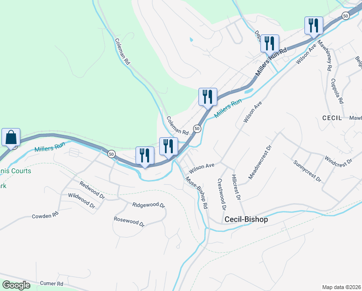 map of restaurants, bars, coffee shops, grocery stores, and more near 11 Ridgeway Drive in McDonald