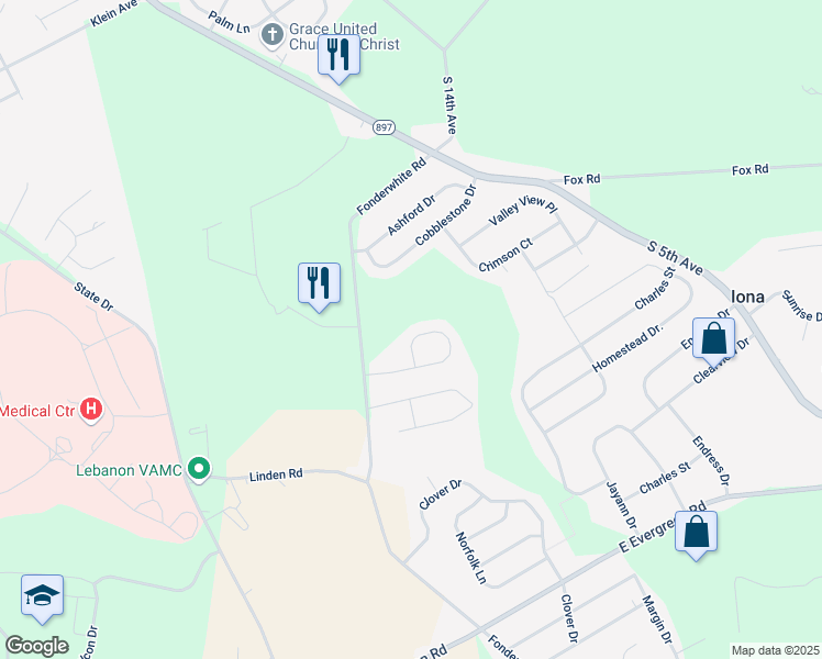 map of restaurants, bars, coffee shops, grocery stores, and more near 164 Linda Way in Lebanon