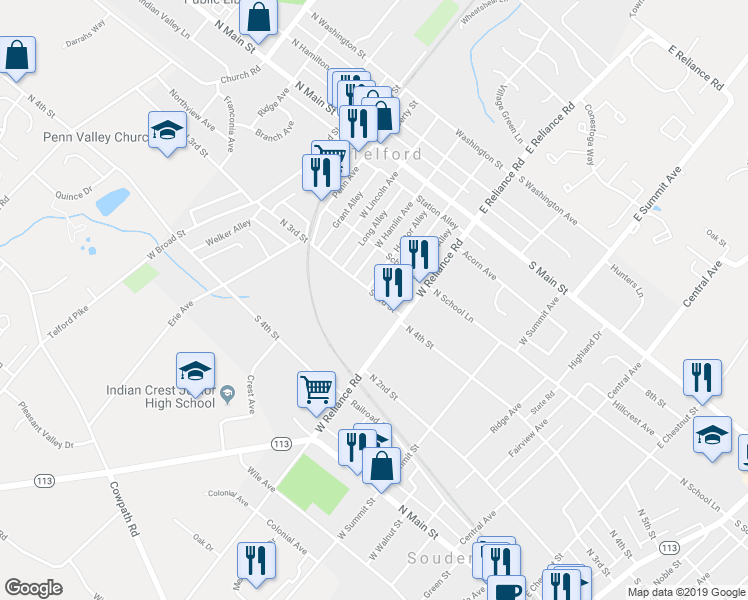 map of restaurants, bars, coffee shops, grocery stores, and more near 136 South 3rd Street in Telford