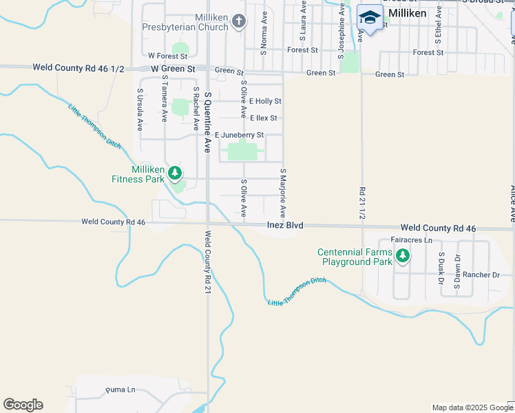 map of restaurants, bars, coffee shops, grocery stores, and more near 1131 South Olive Avenue in Milliken