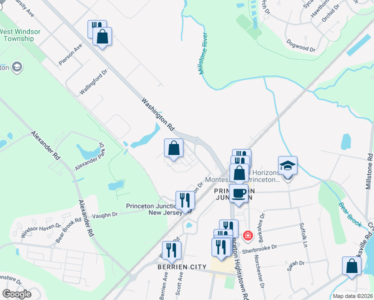 map of restaurants, bars, coffee shops, grocery stores, and more near 2 Princeton Hightstown Road in West Windsor Township