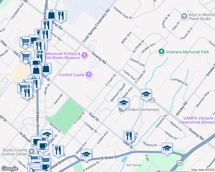 map of restaurants, bars, coffee shops, grocery stores, and more near 4 Belmont Court in Doylestown