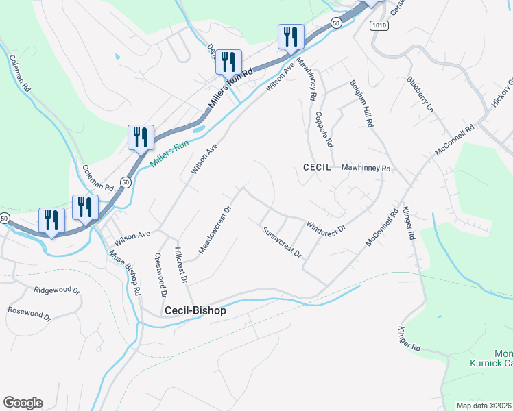 map of restaurants, bars, coffee shops, grocery stores, and more near 30 Sunnycrest Drive in Cecil-Bishop