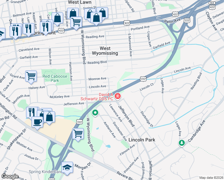 map of restaurants, bars, coffee shops, grocery stores, and more near 605 West Lawn Avenue in Reading