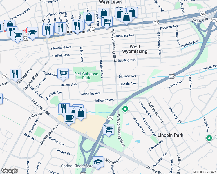 map of restaurants, bars, coffee shops, grocery stores, and more near 2314 Lincoln Avenue in West Lawn